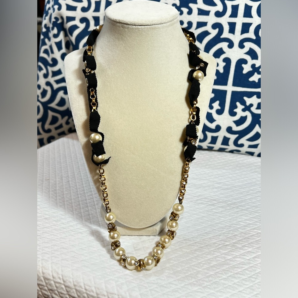 J. Crew Women's Ribbon-tied Long Pearl Crystal/Rhinestone Necklace - Picture 1 of 5